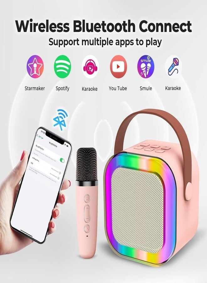 Kids' Karaoke Singing Machine Portable Bluetooth Speaker with Wireless Mics and Colorful Lights (Pink)