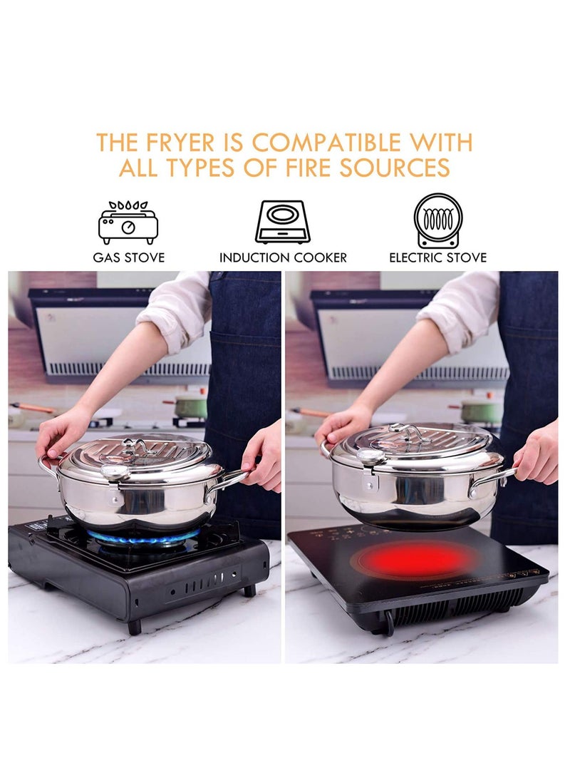 Deep Fryer Pot 304 Stainless Steel with Temperature Control and Lid Japanese Style Tempura Fryer Pan Uncoated Fryer Diameter 9.4