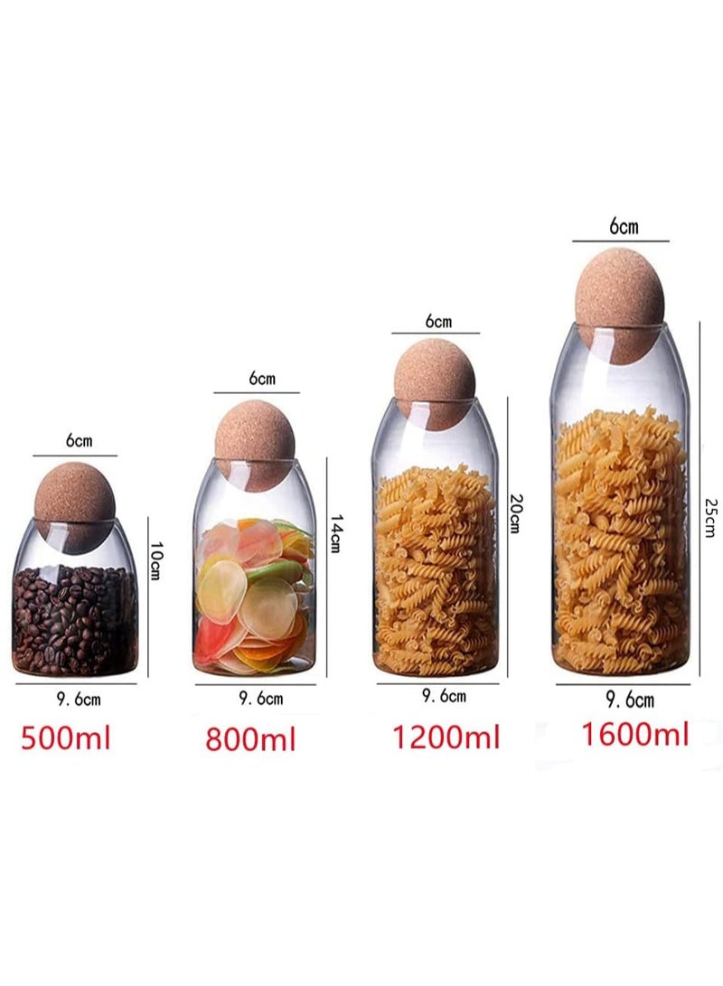 Glass Food Storage Jars with Airtight Seal Ball Cork Lid,Set of 4 Clear Candy Jar,Transparent Sealed Can Food Storage Can Container for Tea Coffee Spice Salt (500ml+800ml+1200ml+1600ml)