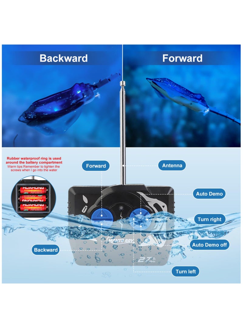 Remote Control Boat High-Simulation Diving Manta Ray Pool Toys for Kids Age 4+, 2.4gz RC Boat Stingray Robot Fish Toy with LED Lights for Lake Swimming Pool Bathroom, Blue