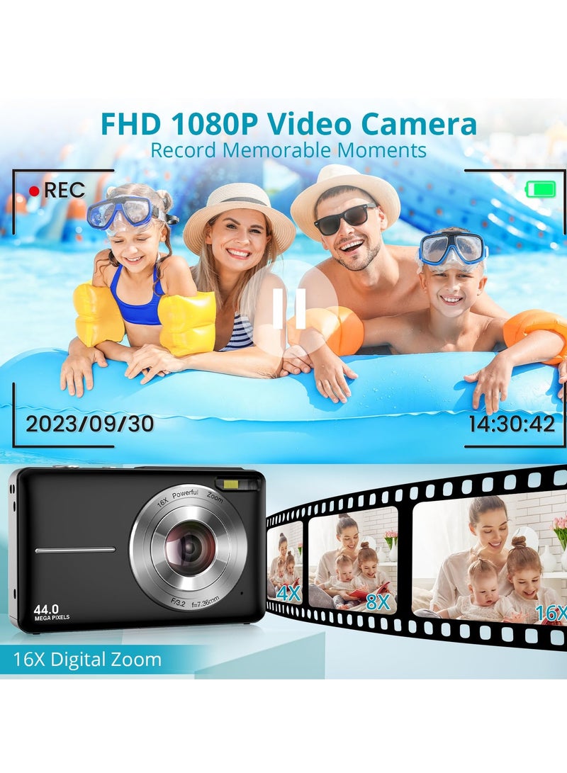 Kids Digital Camera 1080P 44MP Digital Cameras for Photography, Digital Point and Shoot Camera for Kids with 16X Zoom, Fill Light, Anti-Shake, Compact Small Travel Camera for Boys Girls Teens Gift