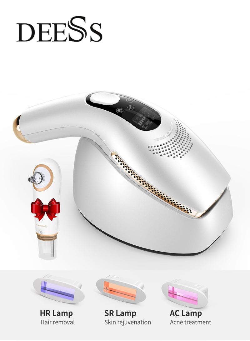 GP590 Plus Ice Cooling IPL Hair Removal Device With 3 Lamps(Hair removal/Skin Rejuvenation/Acne Treatment) White Free Gift Blackhead Remover Device