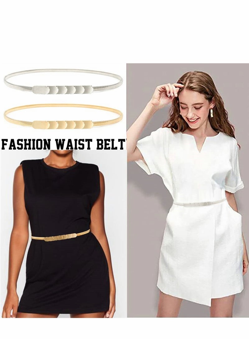 Skinny Stretch Belt for Women 2 Pieces Silver and Gold Waist Belt Thin Cinch Belts Adjustable Interlock Buckle for Dress Jeans Formal Clothing Skirts and Pants