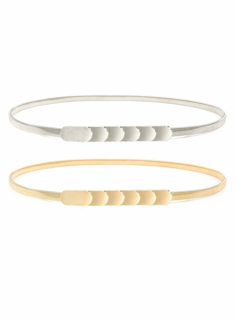 Skinny Stretch Belt for Women 2 Pieces Silver and Gold Waist Belt Thin Cinch Belts Adjustable Interlock Buckle for Dress Jeans Formal Clothing Skirts and Pants