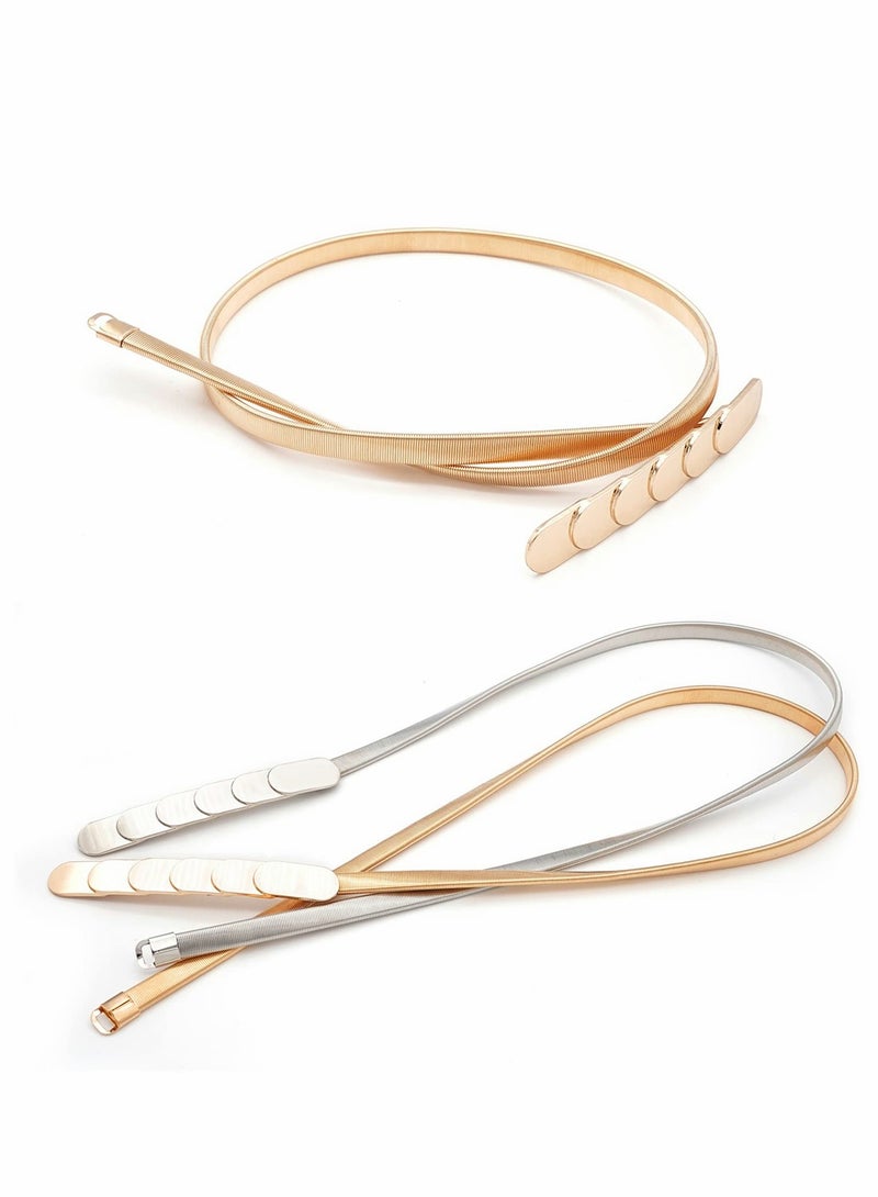 Skinny Stretch Belt for Women 2 Pieces Silver and Gold Waist Belt Thin Cinch Belts Adjustable Interlock Buckle for Dress Jeans Formal Clothing Skirts and Pants