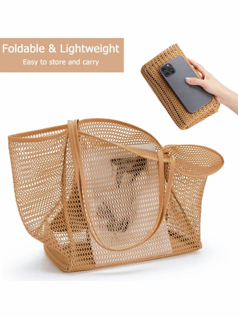 Mesh Beach Bag for Women, Large Tote Bag Lightweight Foldable Beach Tote with Zipper Pocket for Women Vacation Beach Pool Trip