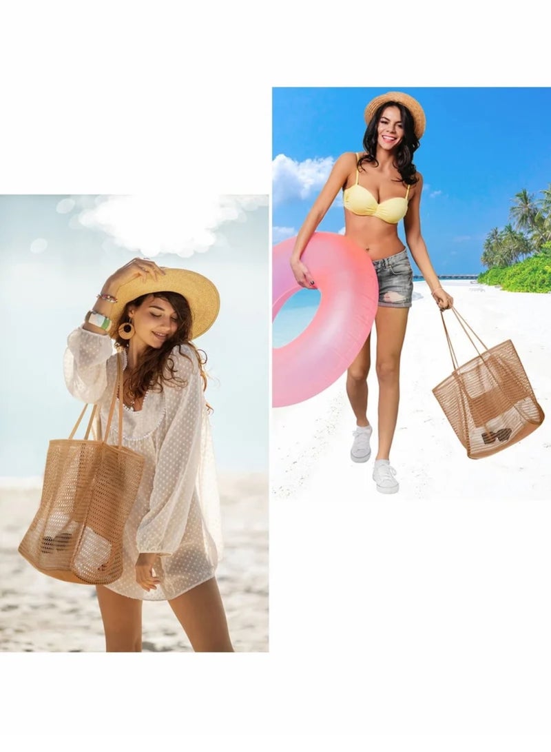 Mesh Beach Bag for Women, Large Tote Bag Lightweight Foldable Beach Tote with Zipper Pocket for Women Vacation Beach Pool Trip