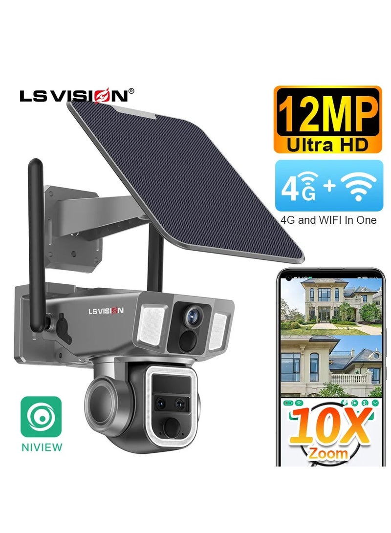 LS VISION 12MP 6K 10X Zoom Dual Screen Solar Camera Outdoor 4G/WiFi 2 In 1 Three Lens Dual PIR Detection Auto Tracking CCTV Cam