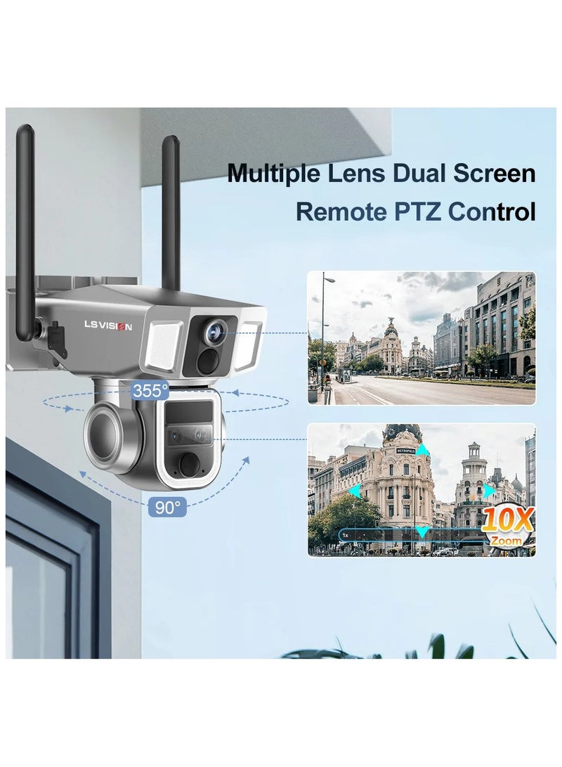 LS VISION 12MP 6K 10X Zoom Dual Screen Solar Camera Outdoor 4G/WiFi 2 In 1 Three Lens Dual PIR Detection Auto Tracking CCTV Cam