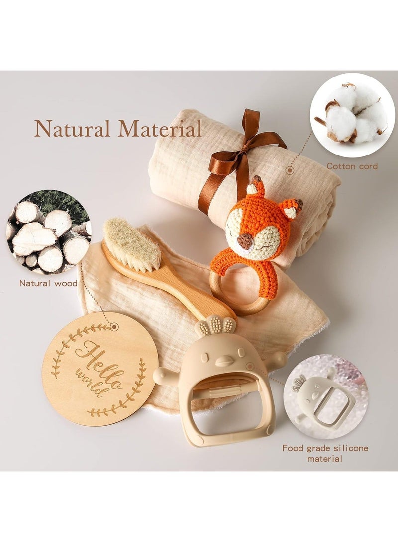 Beauenty Baby Gift Set for Newborn - 6 PCS Newborn Baby Essentials Baby Bath Set with Baby Blanket,Baby Rattle&Teether Toys - New Born Baby Girls & Boys Gift for Baby Shower (Beige)