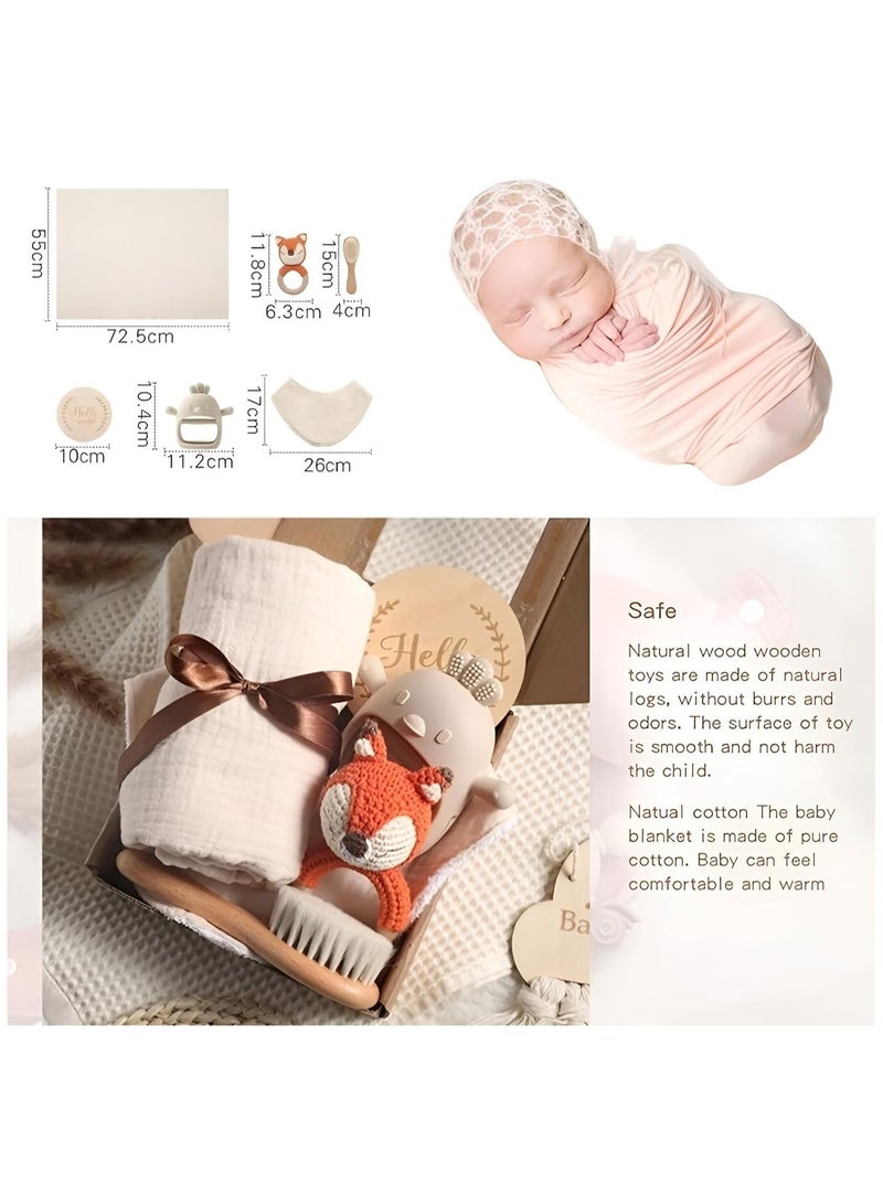 Beauenty Baby Gift Set for Newborn - 6 PCS Newborn Baby Essentials Baby Bath Set with Baby Blanket,Baby Rattle&Teether Toys - New Born Baby Girls & Boys Gift for Baby Shower (Beige)