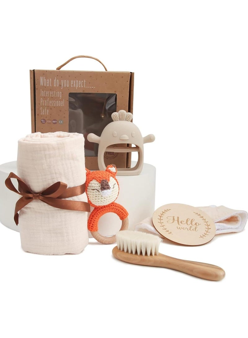 Beauenty Baby Gift Set for Newborn - 6 PCS Newborn Baby Essentials Baby Bath Set with Baby Blanket,Baby Rattle&Teether Toys - New Born Baby Girls & Boys Gift for Baby Shower (Beige)