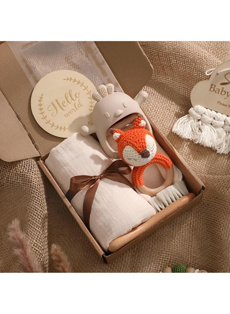 Beauenty Baby Gift Set for Newborn - 6 PCS Newborn Baby Essentials Baby Bath Set with Baby Blanket,Baby Rattle&Teether Toys - New Born Baby Girls & Boys Gift for Baby Shower (Beige)
