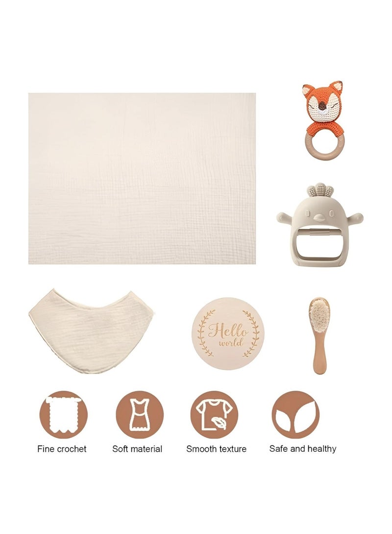Beauenty Baby Gift Set for Newborn - 6 PCS Newborn Baby Essentials Baby Bath Set with Baby Blanket,Baby Rattle&Teether Toys - New Born Baby Girls & Boys Gift for Baby Shower (Beige)