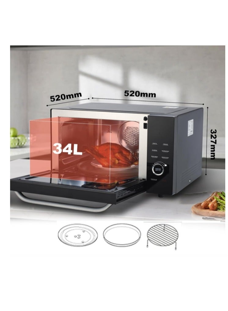 Microwave Oven with Grill and Convection, 34L Solo Microwave Ovens 52cm 1000W 8-in-1 Combo, Air Fryer Easy to Clean Low Temp Control, Deodorization