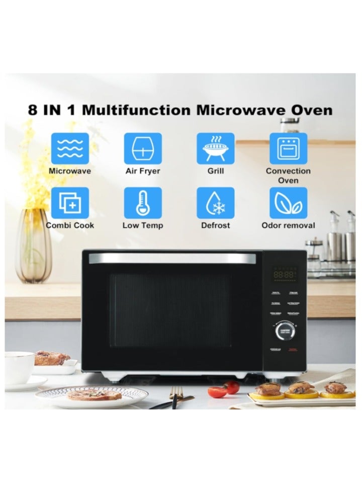 Microwave Oven with Grill and Convection, 34L Solo Microwave Ovens 52cm 1000W 8-in-1 Combo, Air Fryer Easy to Clean Low Temp Control, Deodorization