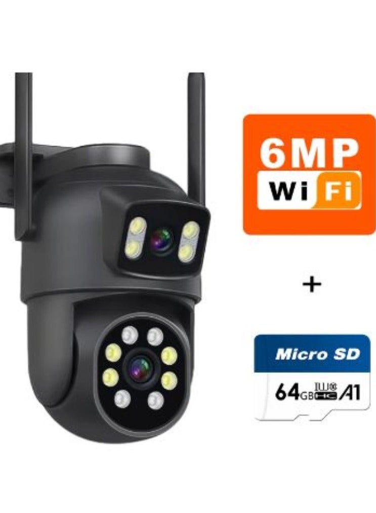 6MP WiFi Camera Outdoor 4X Zoom Three Lens Dual Screens CCTV Video Cam Auto Tracking Security Protection Surveillance With 64GB Card