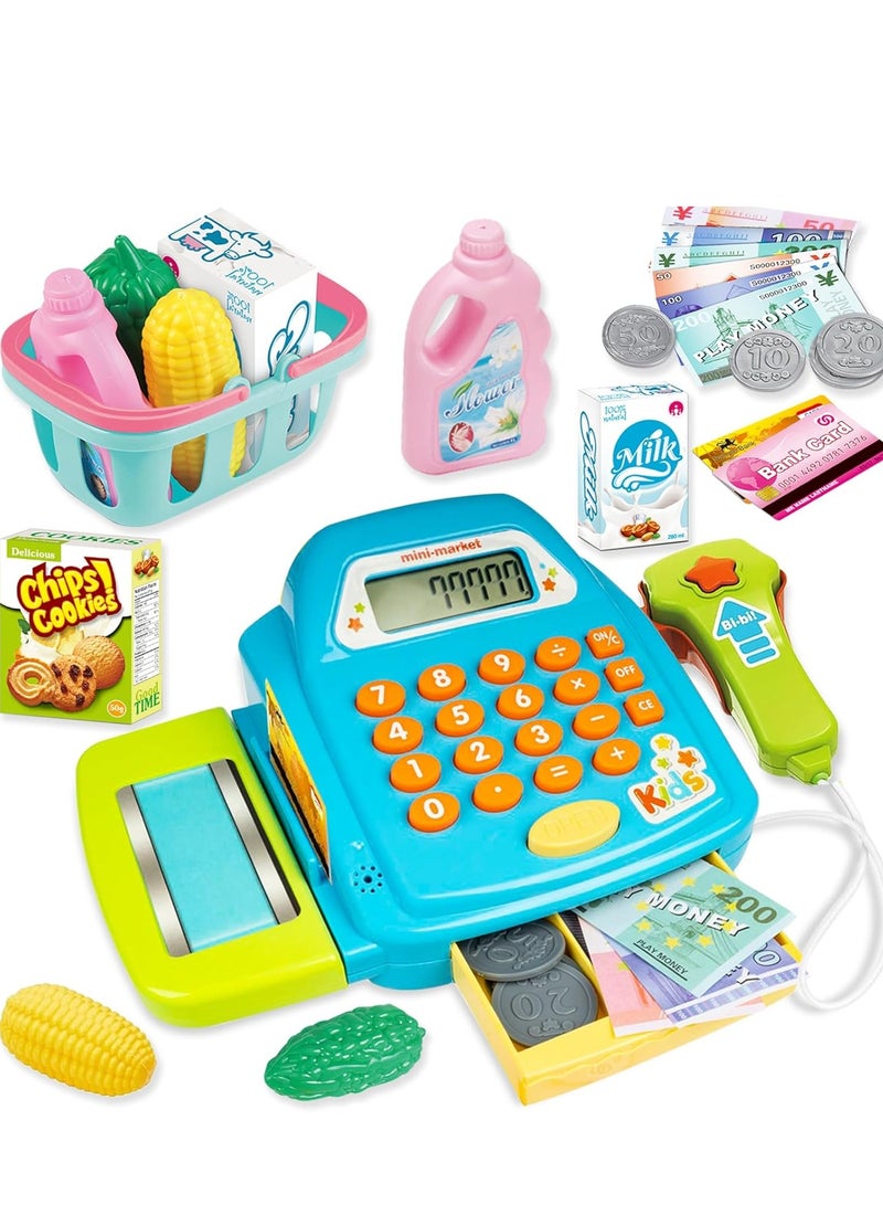 Yoawllty Cash Register Toys Set, Learning Toy Pretend Play Set with Scanner, Credit Card, Basket, Calculator, Play Food, Preschool Learning Toys for Toddler Girls Boys