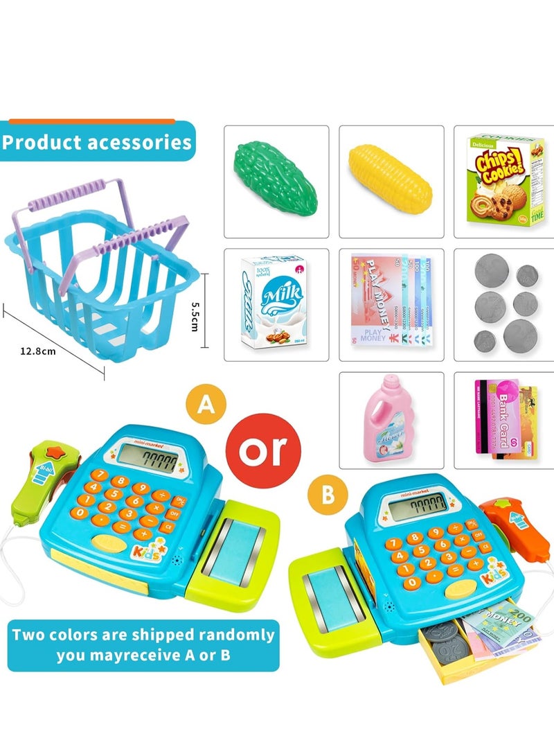 Yoawllty Cash Register Toys Set, Learning Toy Pretend Play Set with Scanner, Credit Card, Basket, Calculator, Play Food, Preschool Learning Toys for Toddler Girls Boys