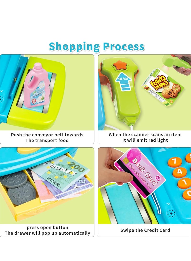 Yoawllty Cash Register Toys Set, Learning Toy Pretend Play Set with Scanner, Credit Card, Basket, Calculator, Play Food, Preschool Learning Toys for Toddler Girls Boys