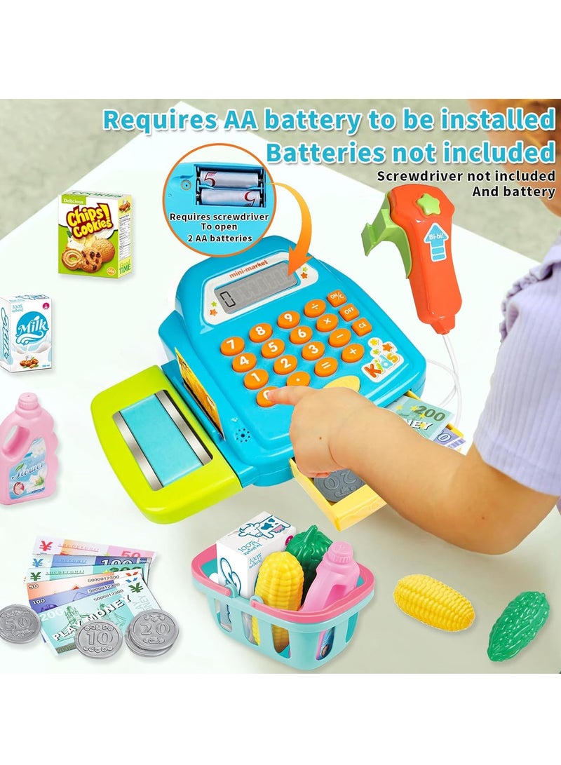 Yoawllty Cash Register Toys Set, Learning Toy Pretend Play Set with Scanner, Credit Card, Basket, Calculator, Play Food, Preschool Learning Toys for Toddler Girls Boys