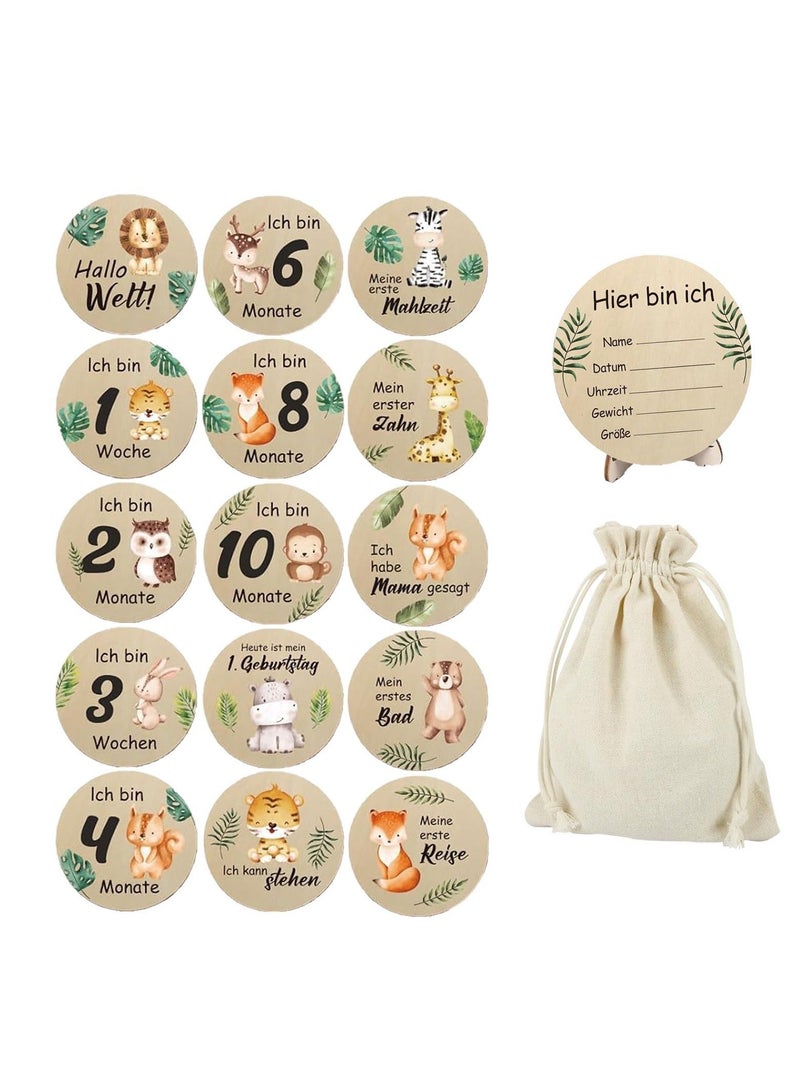 Monthly Milestone Photo Cards For Baby's First Year 15 Pieces Wooden Newborn Welcome Discs Sign Double Sided Photo Prop With Stand Exquisite Animal Pattern Pregnancy Journey Milestone Markers
