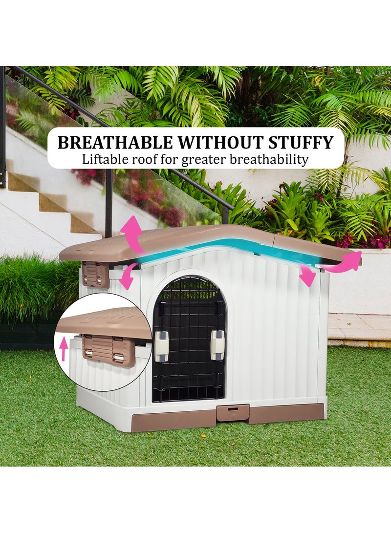 Dog house with Liftable roof, Detachable base, and Adjustable window, Durable waterproof plastic puppy shelter for indoor and outdoor, Easy to assemble 88 cm (Chocolate)