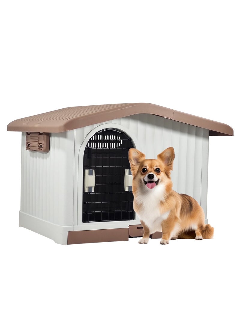 Dog house with Liftable roof, Detachable base, and Adjustable window, Durable waterproof plastic puppy shelter for indoor and outdoor, Easy to assemble 88 cm (Chocolate)