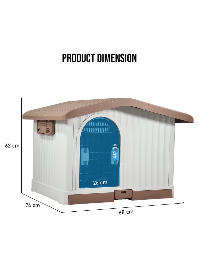 Dog house with Liftable roof, Detachable base, and Adjustable window, Durable waterproof plastic puppy shelter for indoor and outdoor, Easy to assemble 88 cm (Chocolate)