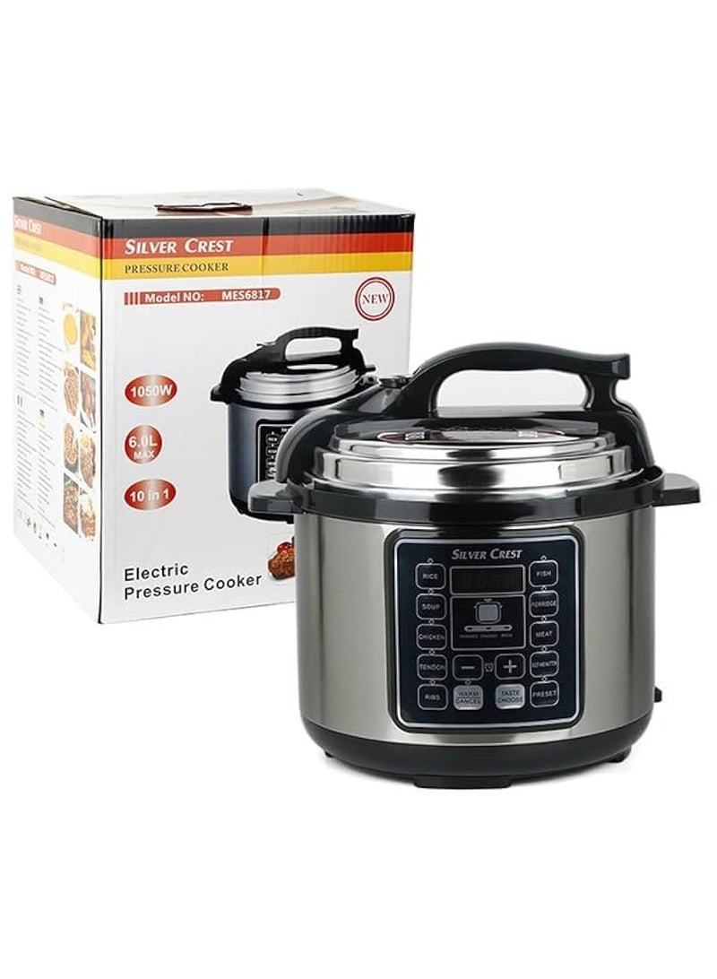 SILVER CREST 10 In 1 Electric Pressure Cooker Instant Programmable Smart Pot 1050 Watts Rice Cooker, 6 Liters, 10 Smart Programs Black MES6817