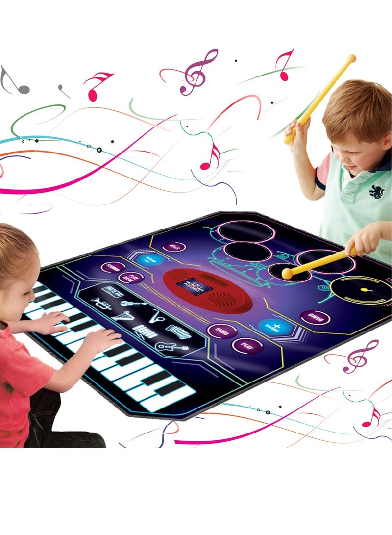 Jazz Drum Electronic Organ Music Mat for Boys Girls 2 in 1 Kids Music Learning Toys Drum Set and Piano Mat Record and Playback Built in Songs 8 Instrument Sounds 24 Keys Birthday Gifts for Toddler