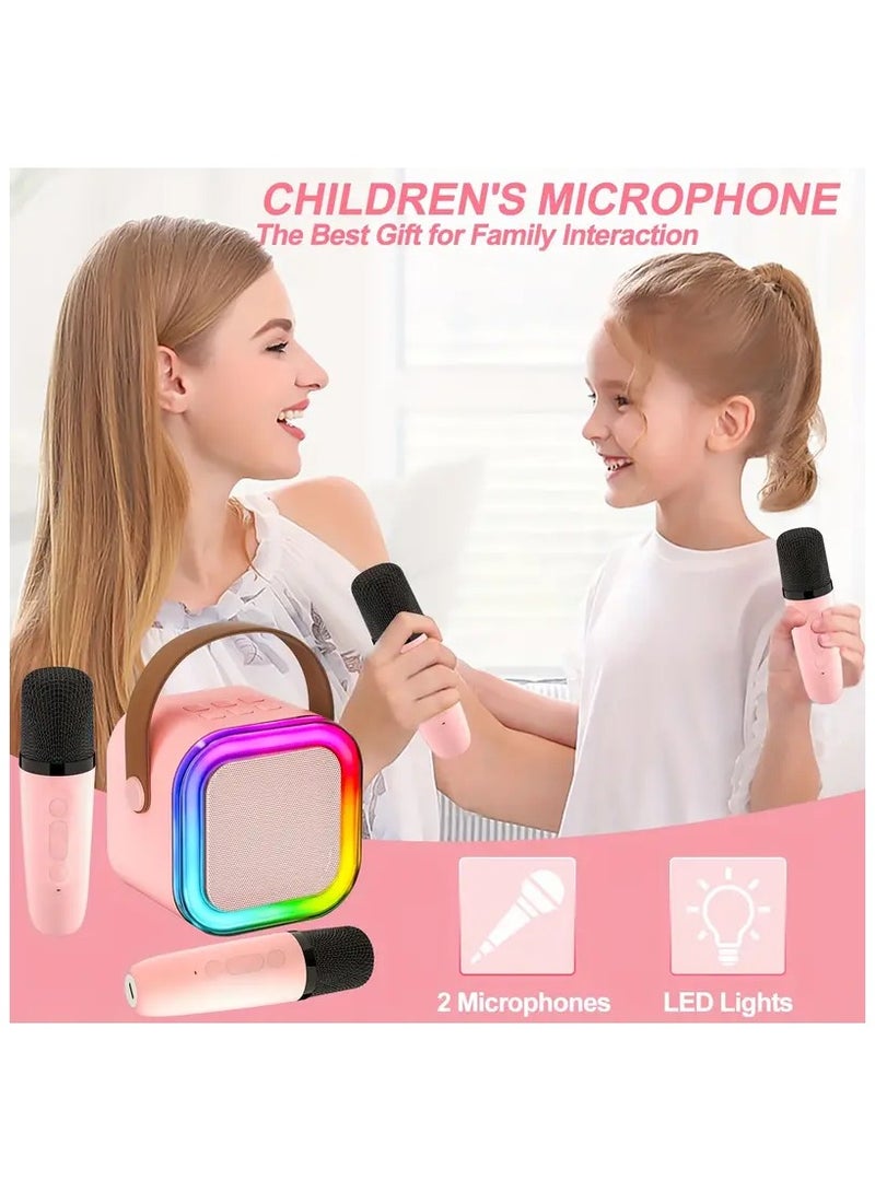 1pc Karaoke Machine Toy With 2pcs Wireless Microphone, LED Light Karaoke Singing Speaker Pink