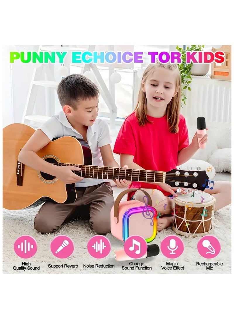 1pc Karaoke Machine Toy With 2pcs Wireless Microphone, LED Light Karaoke Singing Speaker Pink