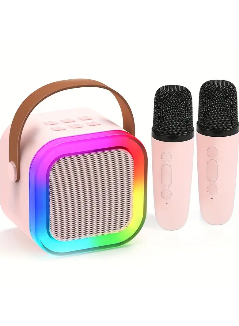 1pc Karaoke Machine Toy With 2pcs Wireless Microphone, LED Light Karaoke Singing Speaker Pink
