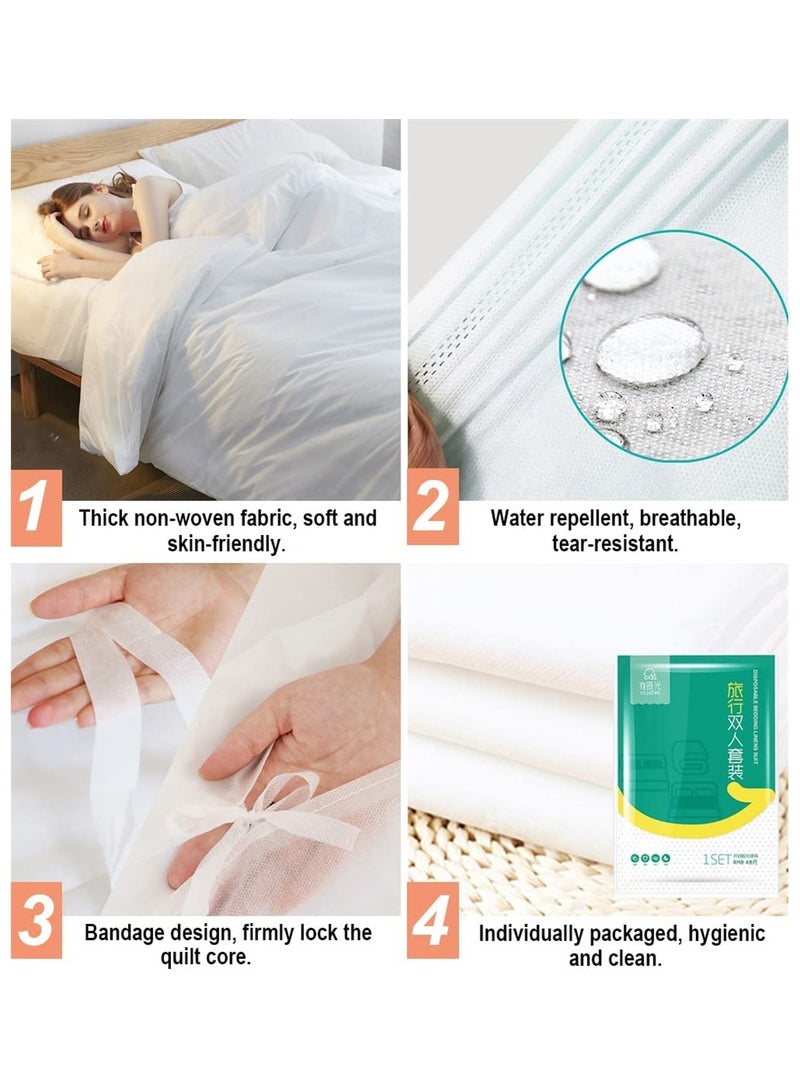 4 PCS Bed Sheets Set Disposable for Travel, Sheets Double Bed Travel Sheets for Hotel, Portable Sheet Quilt Cover Pillowcase Set for Travel Business Trip Spa Hotel, Ready to use Disposable Bedding Set