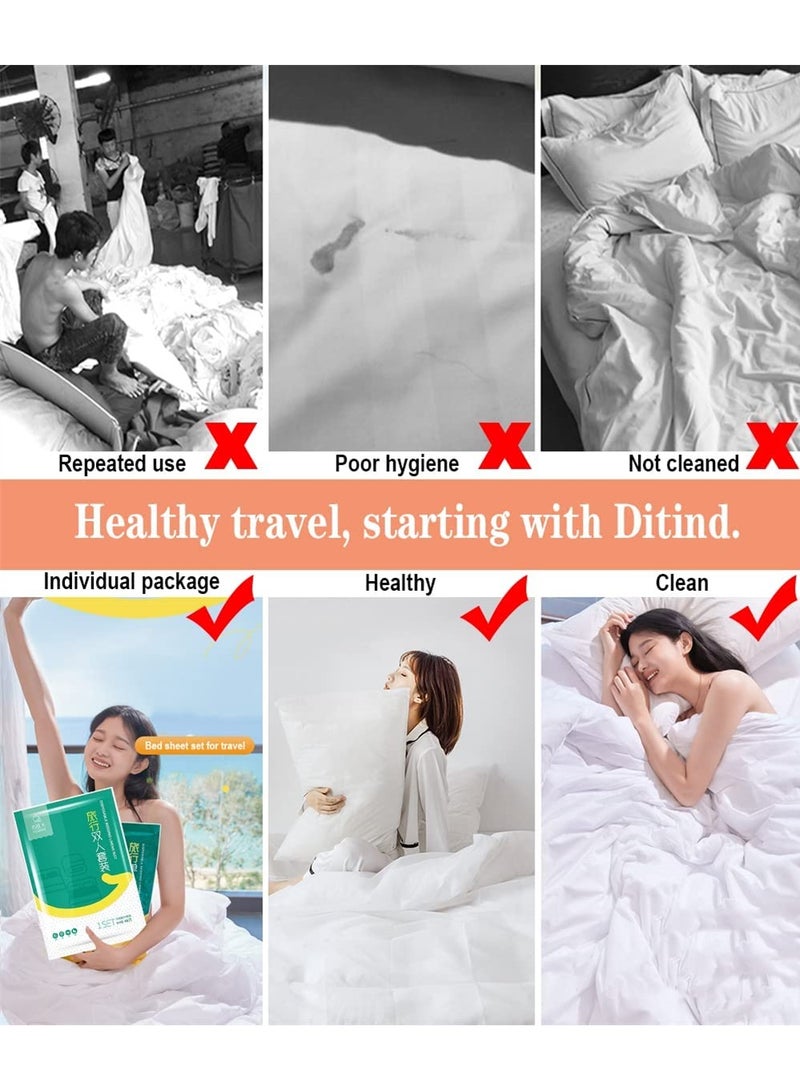 4 PCS Bed Sheets Set Disposable for Travel, Sheets Double Bed Travel Sheets for Hotel, Portable Sheet Quilt Cover Pillowcase Set for Travel Business Trip Spa Hotel, Ready to use Disposable Bedding Set