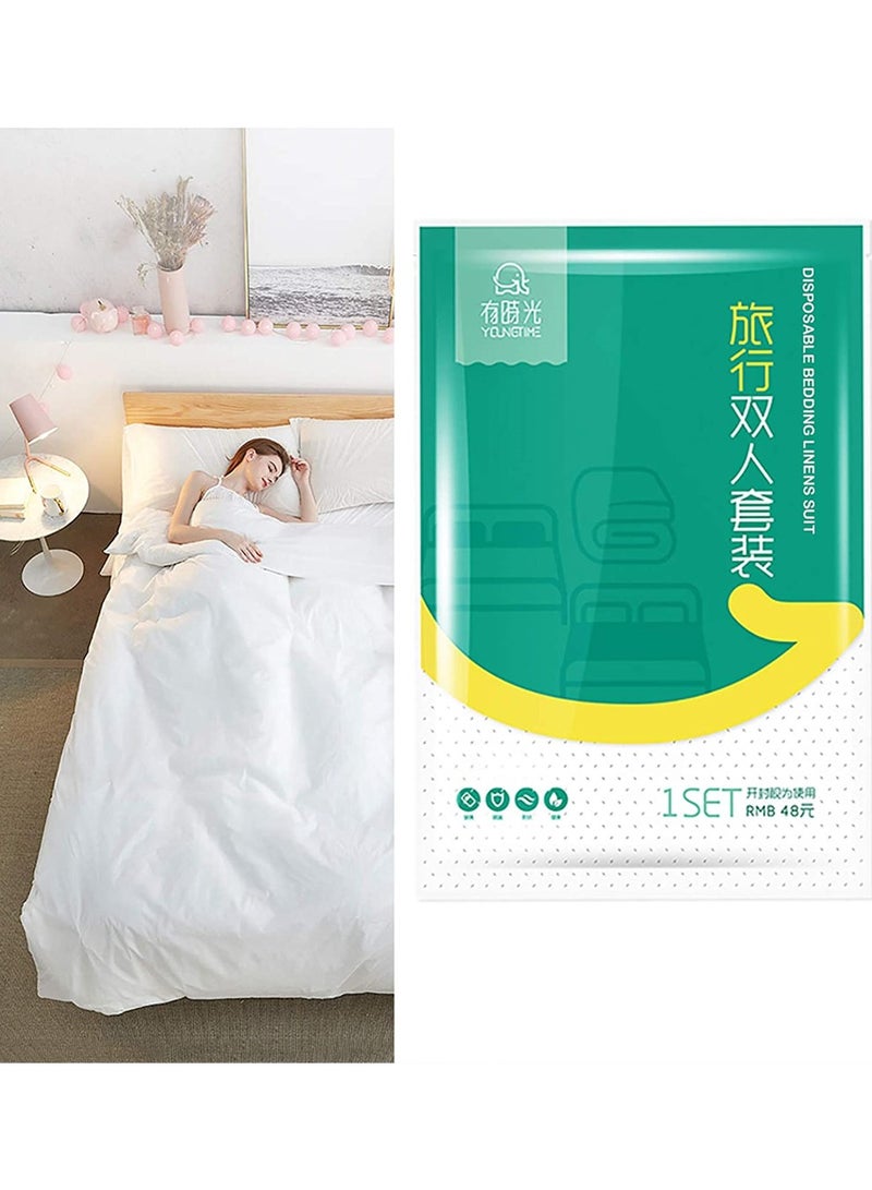 4 PCS Bed Sheets Set Disposable for Travel, Sheets Double Bed Travel Sheets for Hotel, Portable Sheet Quilt Cover Pillowcase Set for Travel Business Trip Spa Hotel, Ready to use Disposable Bedding Set