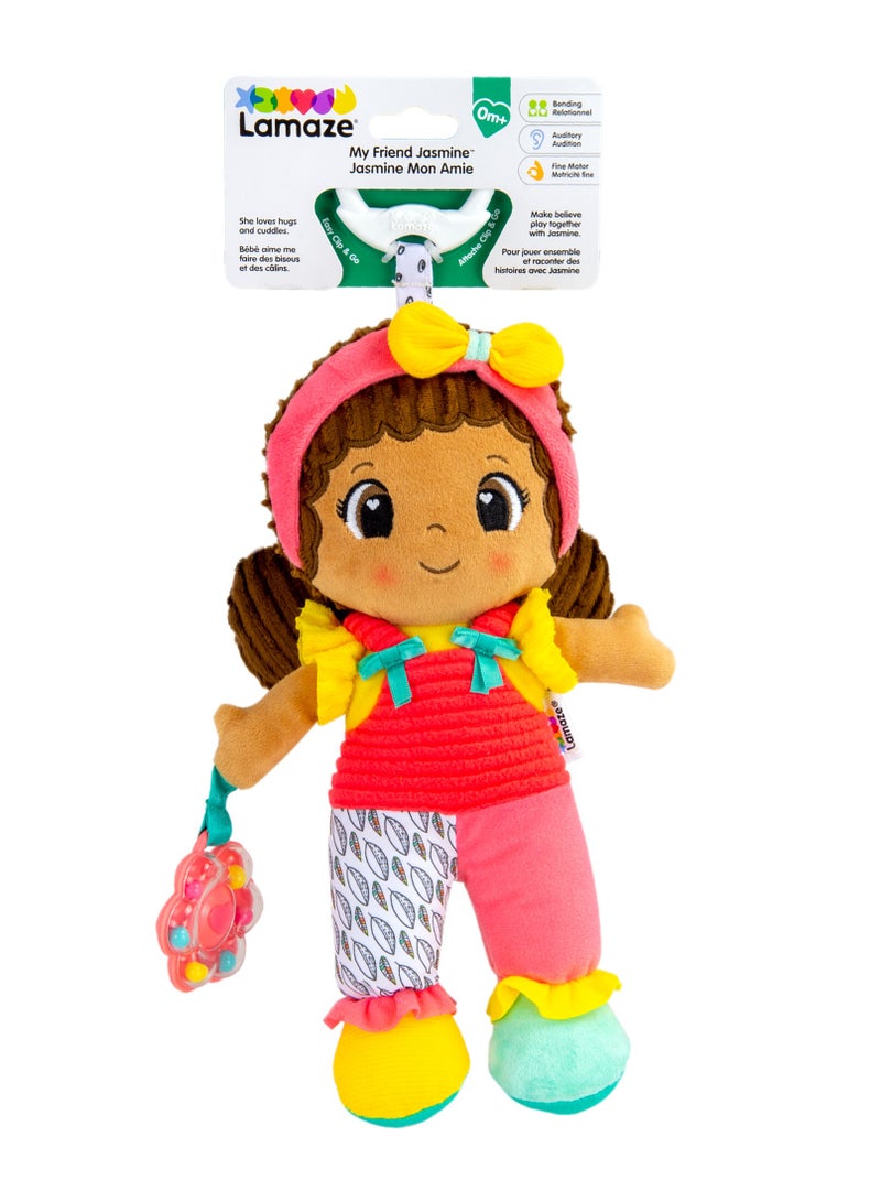 My Friend Jasmine: Car Seat and Stroller Hanging Toy, Soft Baby Doll with Crinkle Features and Rattle Flower, Perfect for Sensory and Motor Skill Development, Suitable for Ages 0 Months and Up