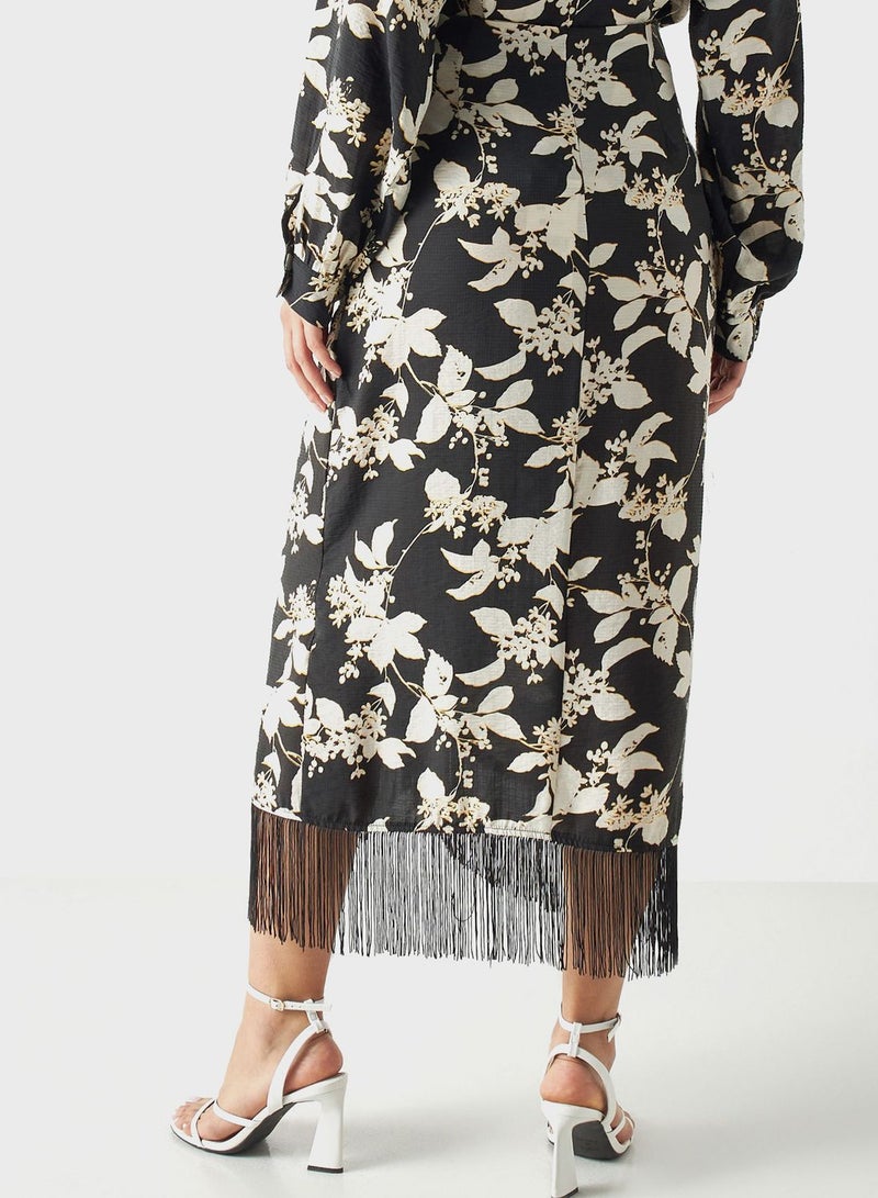 Fringe Hem Printed Skirt