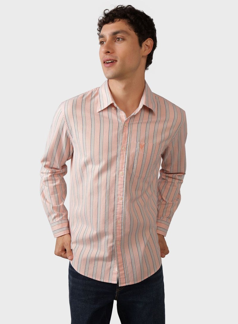 Embroidered Logo Stripe Slim Fit Oxford Shirt