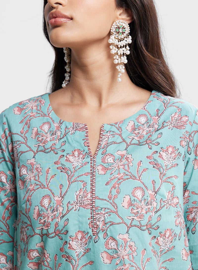 V-Neck Floral Print 2Pc Kurta Set