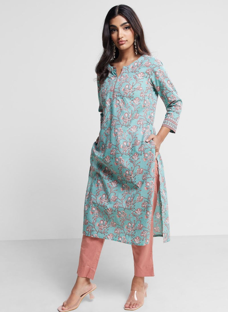 V-Neck Floral Print 2Pc Kurta Set