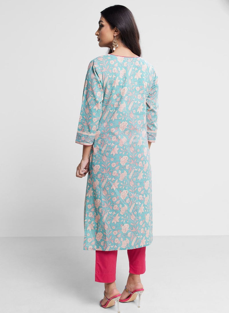 V-Neck Floral Print Kurta & Pant Set