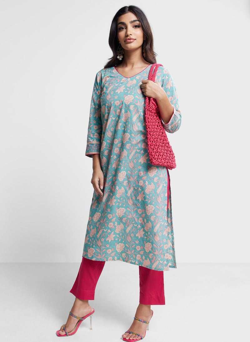 V-Neck Floral Print Kurta & Pant Set