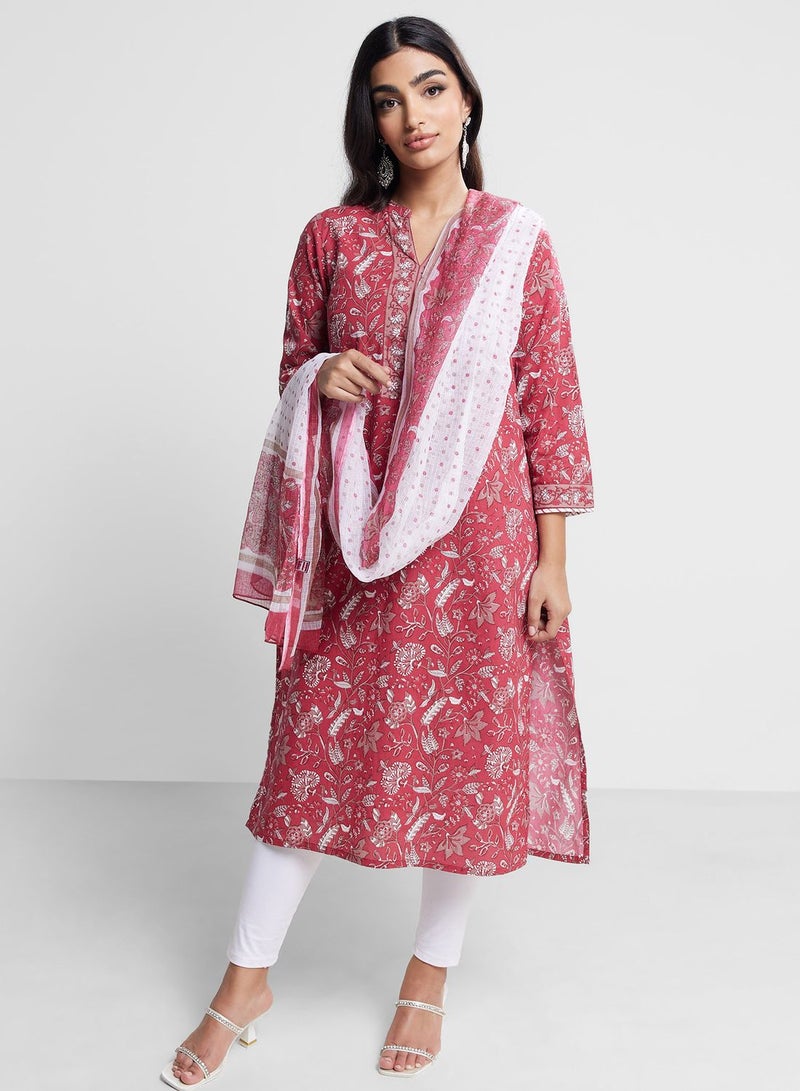 V-Neck Floral Print 2Pc Kurta Set