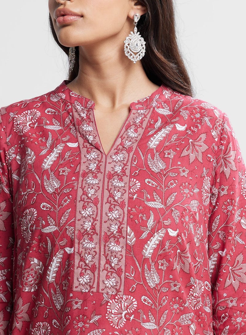 V-Neck Floral Print 2Pc Kurta Set