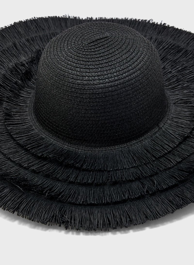 Wide Brim Frayed Edge Straw Hat