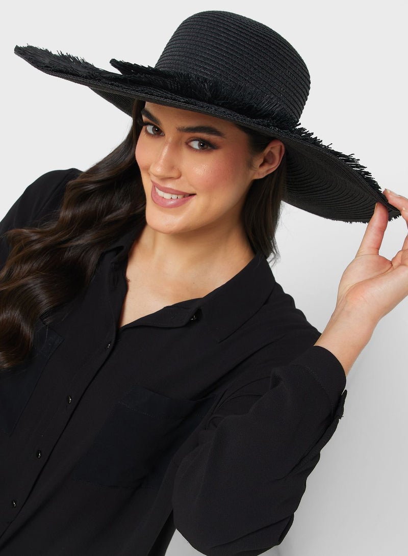 Wide Brim Frayed Edge Straw Hat