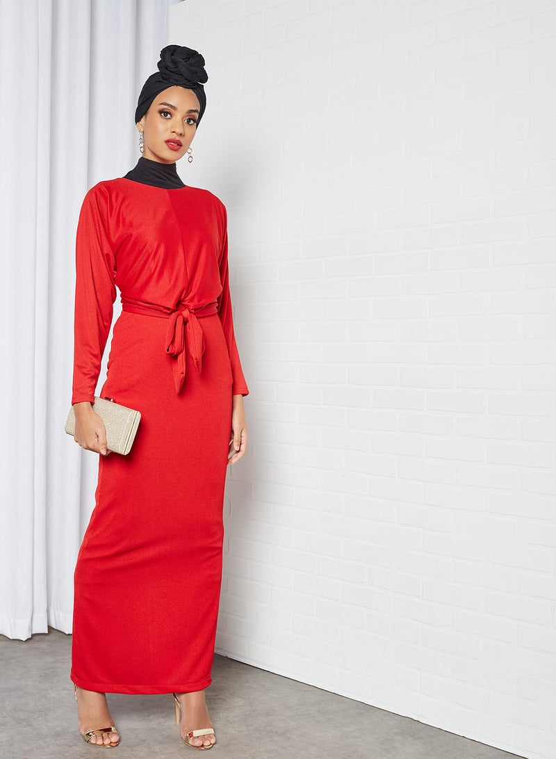 Belted Waist Dress Red