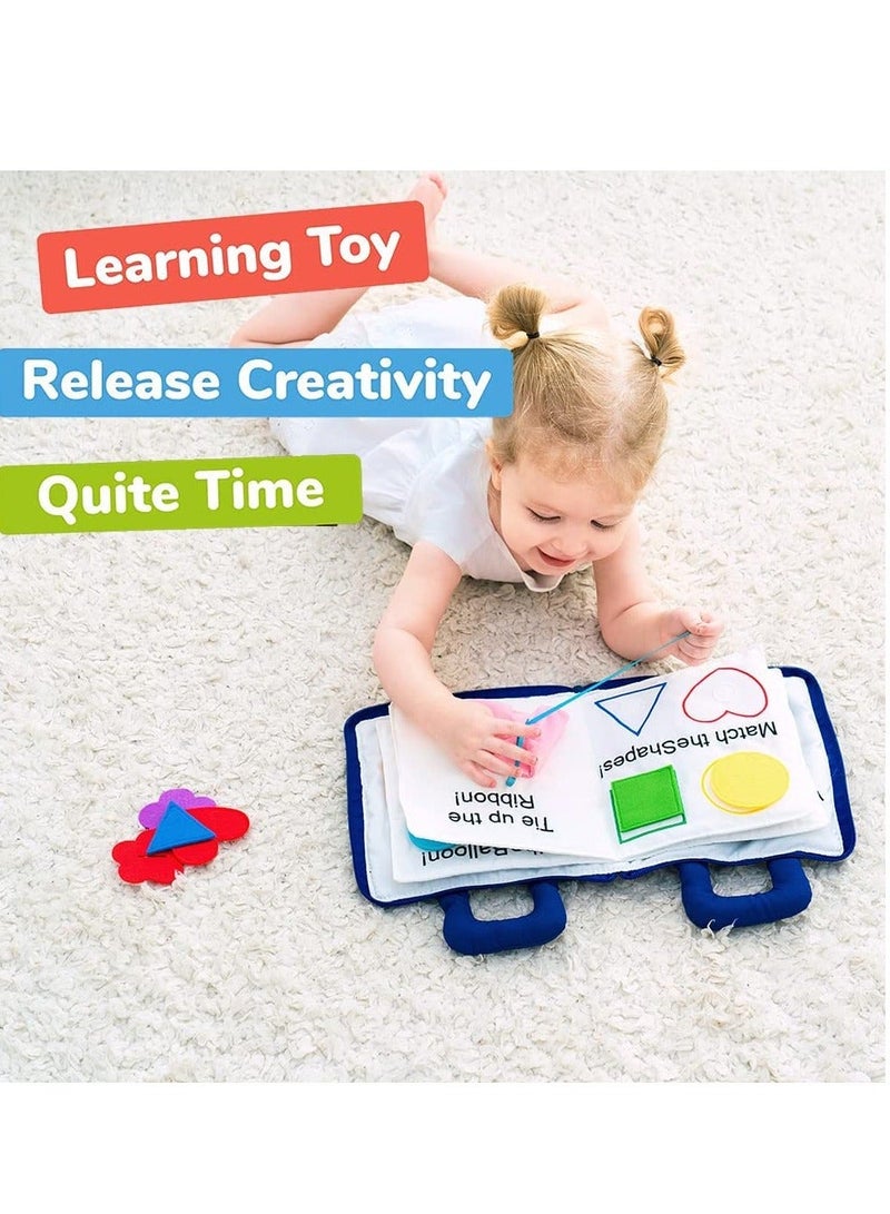 Activity Quiet Book - Travel Toy Cloth Book for Toddlers - 10 Topics, Activities for Early Learning How to Basic Life Skills for Toddlers, Interactive Book for Busy Boys and Girls (Blue)